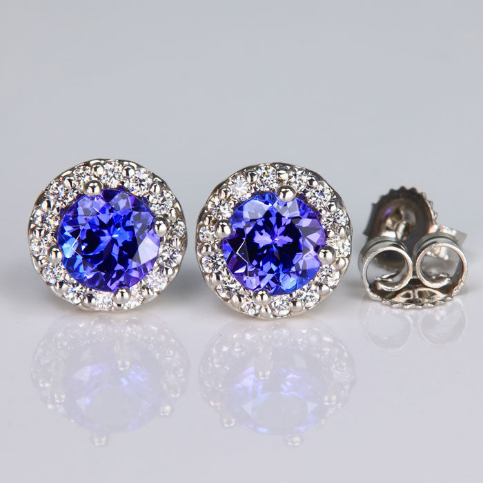 14k White Gold Tanzanite Diamond Halo Stud Earrings 1.25cts