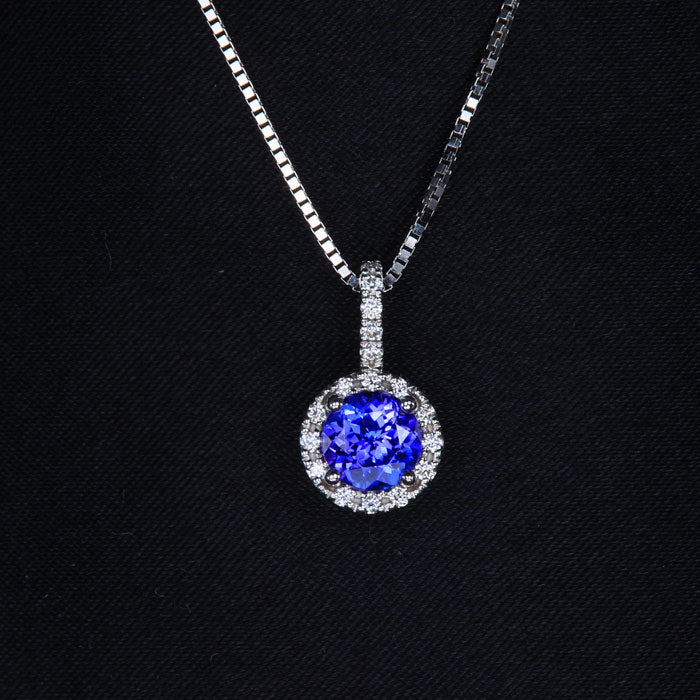 White Gold Round Tanzanite and Diamond Halo Pendant 