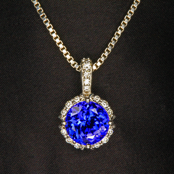 14k White Gold Round Tanzanite with Diamond Halo 6.01 Carats