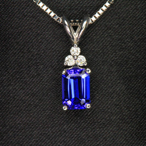 14K White Gold Emerald Cut Tanzanite with Diamonds Pendant 1.20 Carats