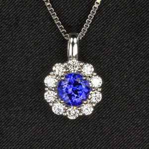  White Gold Round Tanzanite and Diamond Halo Pendant 