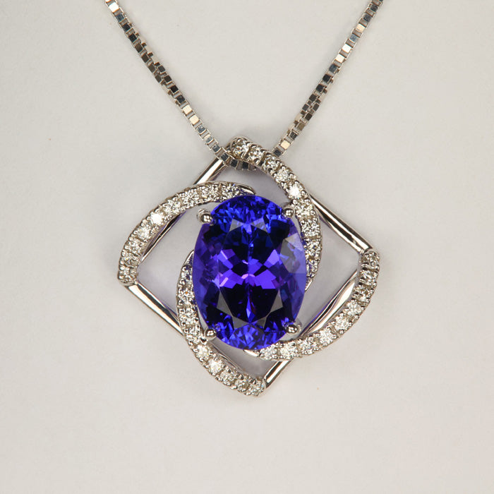 14K White Gold Oval Tanzanite and Diamond Pendant 4.22cts