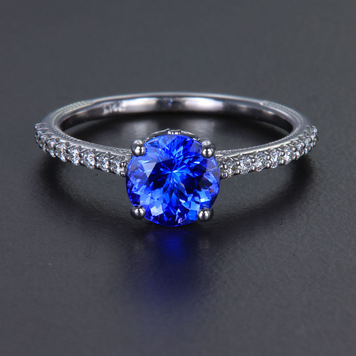 14K White Gold Round Tanzanite with Diamond Shank 1.40 Carats