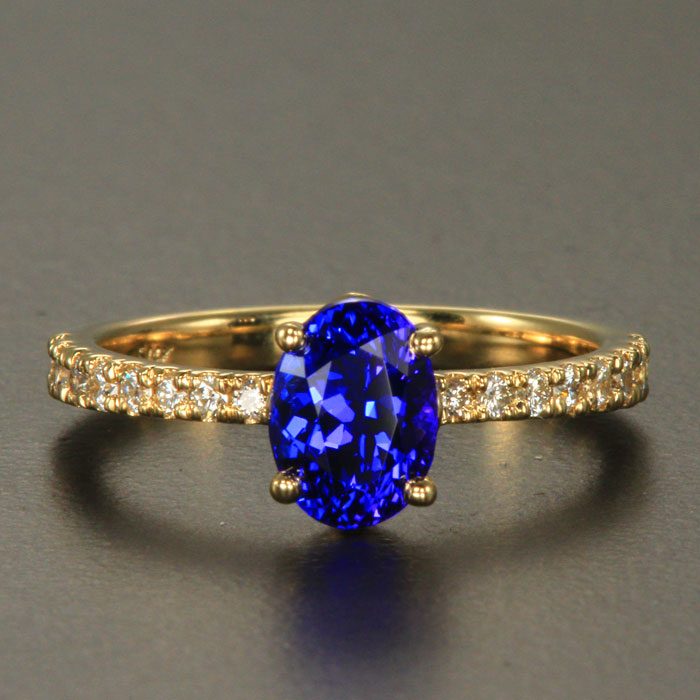 14K Yellow Gold Oval Tanzanite Ring with Diamond Shank 1.66 Carats