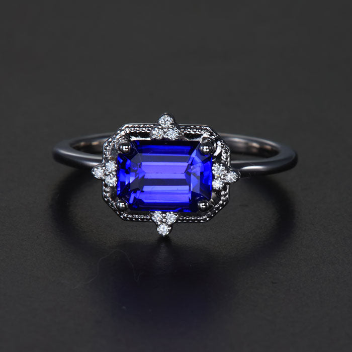 White Gold Emerald Cut Tanzanite and Diamond Ring 