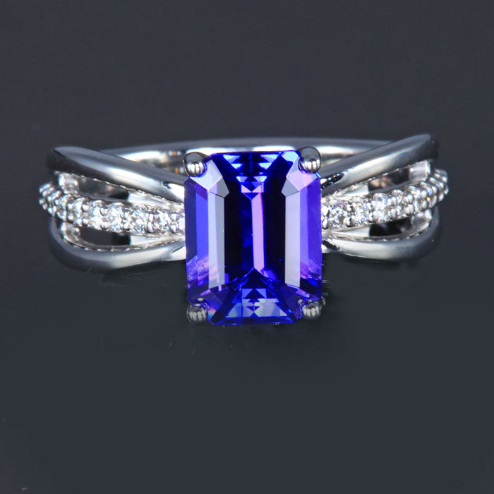 White Gold Emerald Cut Tanzanite with Diamonds on Shank Ring 