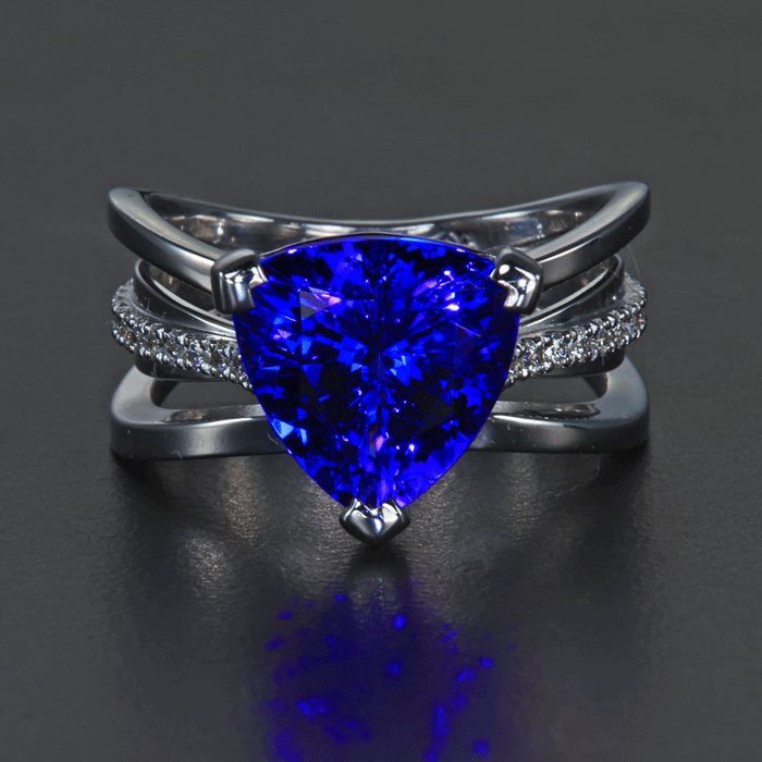 14k White Gold Trilliant Tanzanite and Diamond  Ring 4.78 Carats