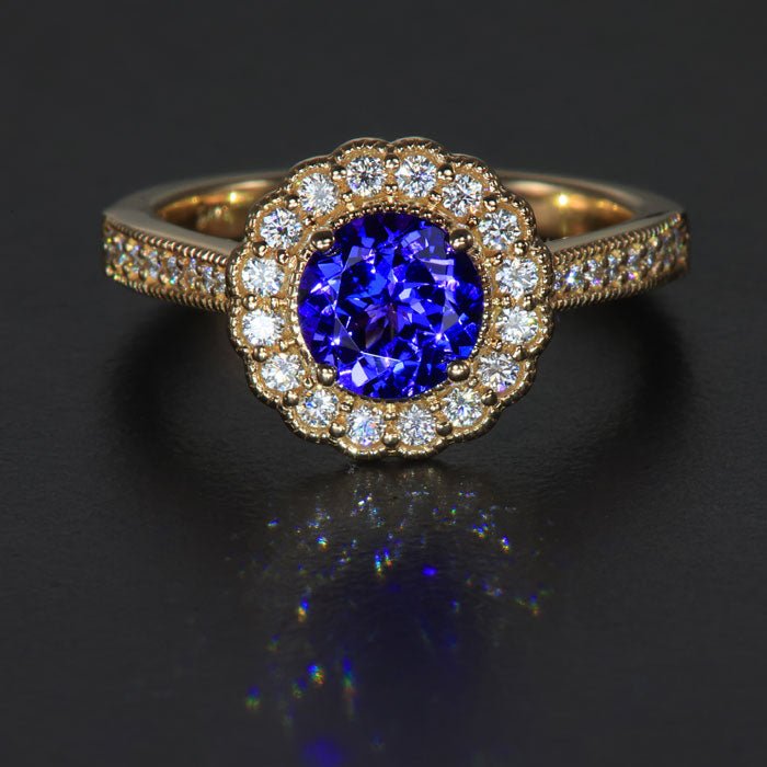 14K Yellow Round Tanzanite and Diamond Halo Ring 1.12 Carats