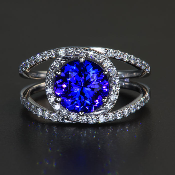 14K White Gold Round Tanzanite and Diamond Split Shank 2.36 Carats