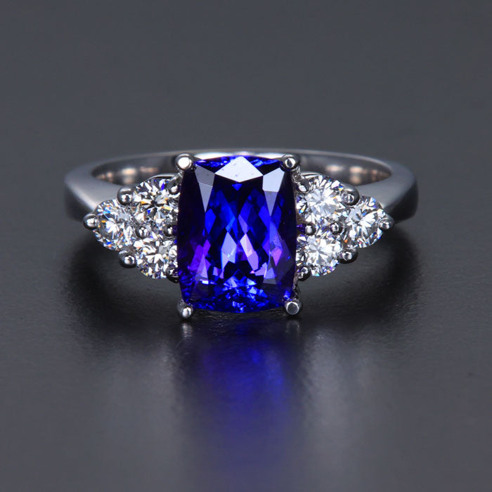 14K White Gold Antique Cushion Tanzanite and Diamond Ring 2.62 Carats