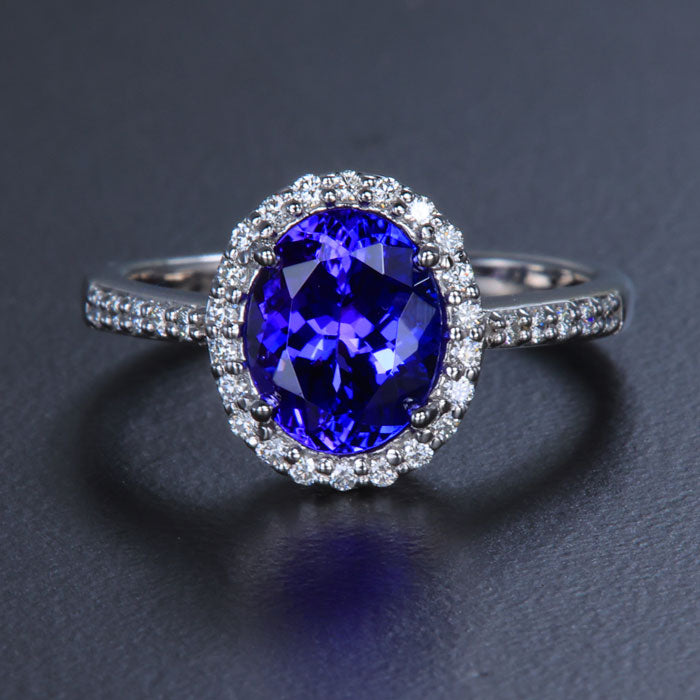 White Gold Oval Tanzanite Diamond Halo and Shank Ring 