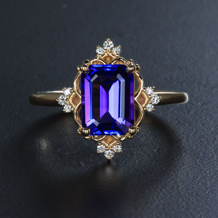 14K Yellow Gold Emerald Cut Tanzanite and Diamond Ring 2.61 Carats