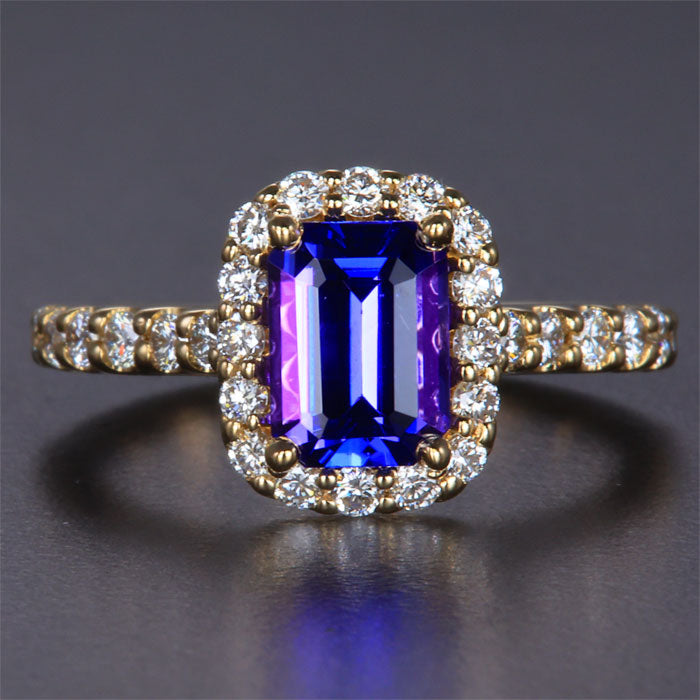 Emerald Cut Tanzanite and Diamond Halo and Shank Ring