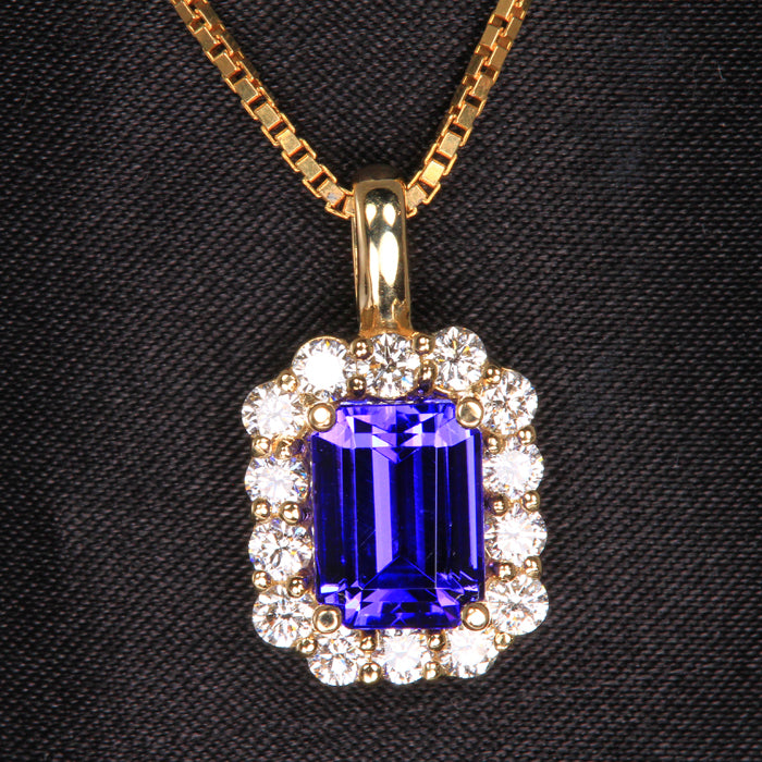 14K Yellow Gold Enerald Cut Tanzanite and Diamond Halo Pendant 2.92 Carats