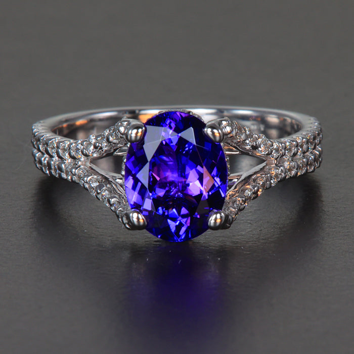 14K White Gold Oval Tanzanite and Split Diamond Shank 1.75 Carats