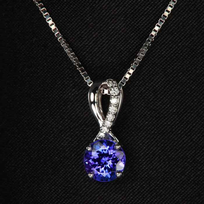 14K White Gold Round Tanzanite and Diamond Pendant 1.10 Carats