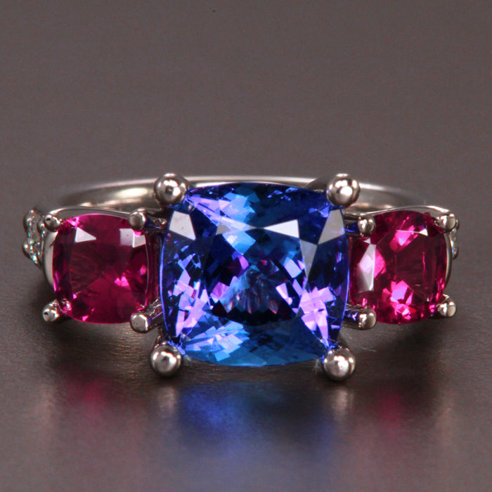 Platinum Square Cushion Tanzanite and Umbalite Garnet Ring 3.96 Carats