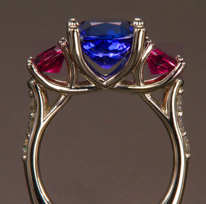 Platinum Square Cushion Tanzanite and Umbalite Garnet Ring 3.96 Carats