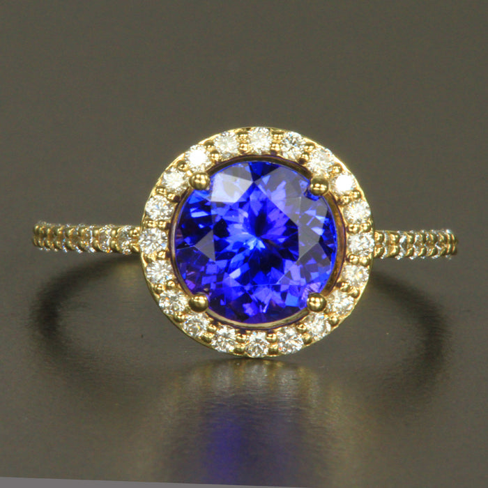 14k Yellow Gold Round Tanzanite and Diamond Ring 1.80 Carats