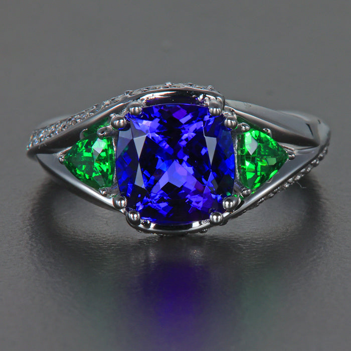 14K White Gold Tanzanite, Tsavorite and Diamond Ring 2.32 Carats