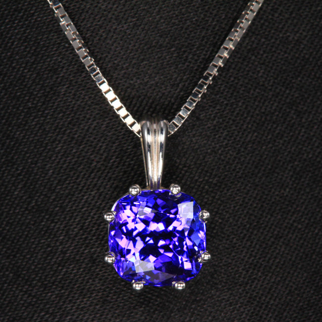 Square Cushion Tanzanite Pendant in 14 carat white gold