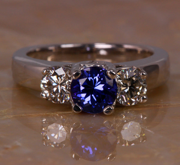 Three Stone White Gold Tanzanite Ring With Fine Diamonds