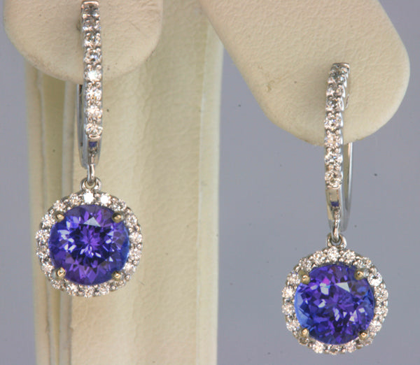 Intense Color 6 Millimeter Tanzanite Drop Earrings With Diamonds