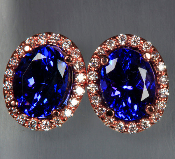 Oval Tanzanite Earrings in Rose Gold With Diamond Halo