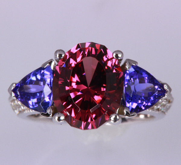 Duplicate  Fine Raspberry Rhodolite Garnet Accented by Tanzanite and Diamond in 14 kt. Gold