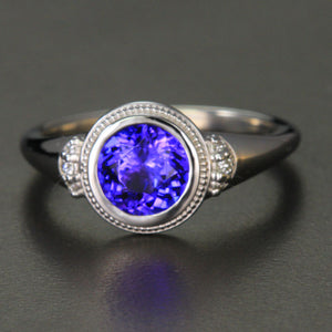 14K White Gold Tanzanite Bezel Set Ring with Diamonds 1.47 Carats