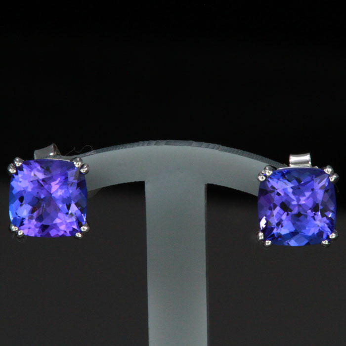 14k White Gold  Square Cushion Tanzanite Stud Earrings 2.45 Carats