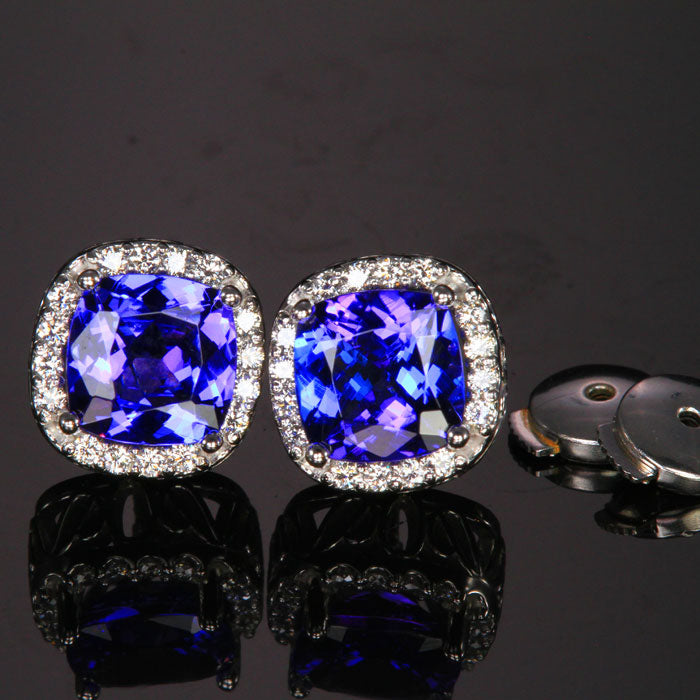 14k White Gold Tanzanite with Diamond Halo Stud Earrings 2.89 Carats