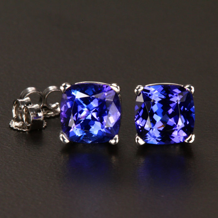 14K White Gold Square Cushion Tanzanite Stud Earrings 3.22 Carats