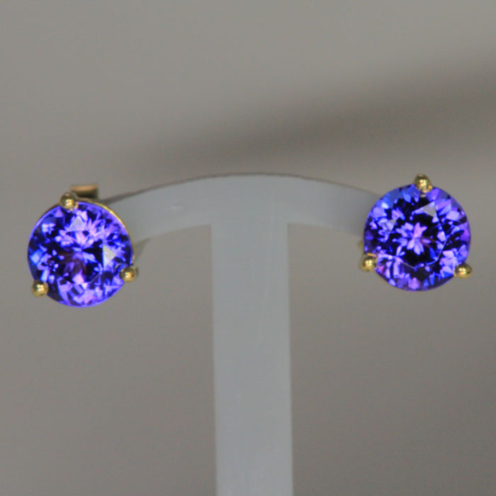 14K Yellow Gold Round Stud Tanzanite Earrings 2.53 Carats