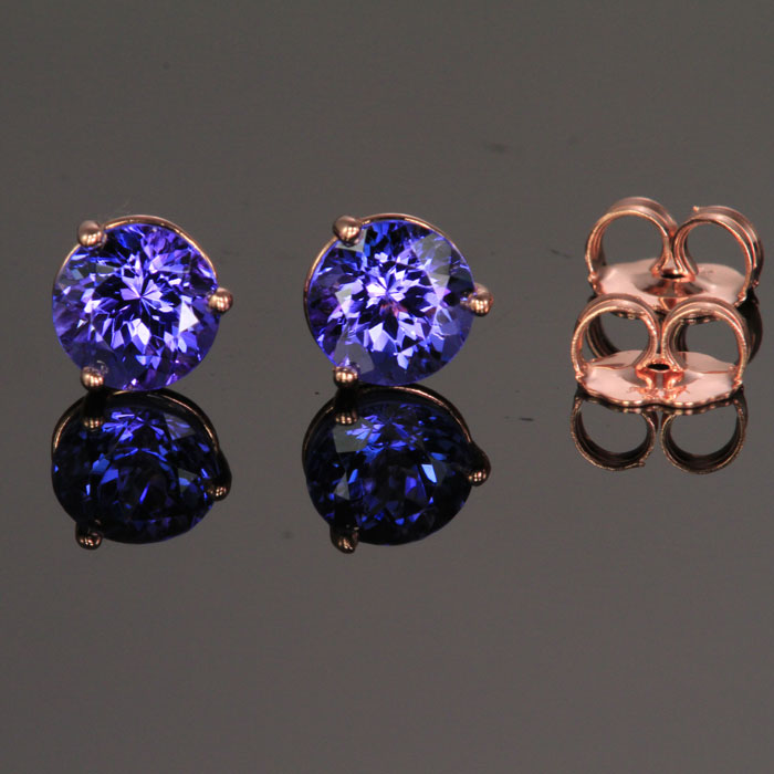 14K Rose Gold Tanzanite Stud Earrings 2.22 Carats 6mm