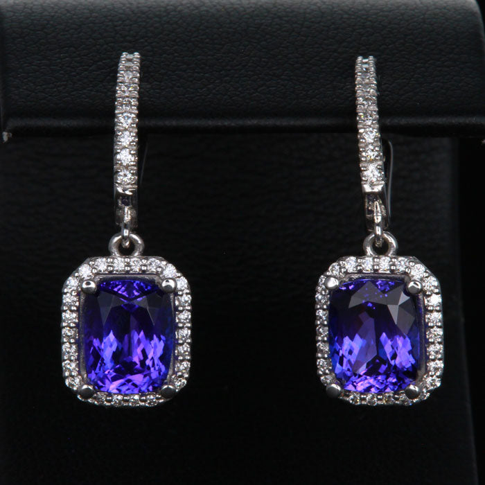 14K White Gold Tanzanite Huggy Earrings with Diamond Halo 5.00 Carats