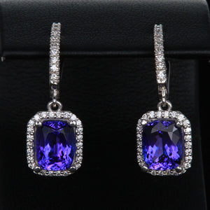 14K White Gold Tanzanite Huggy Earrings with Diamond Halo 5.00 Carats