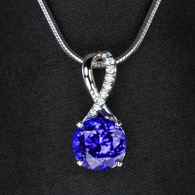 14K White Gold Round Brilliant Tanzanite and Diamond Pendant 3.42 Carats