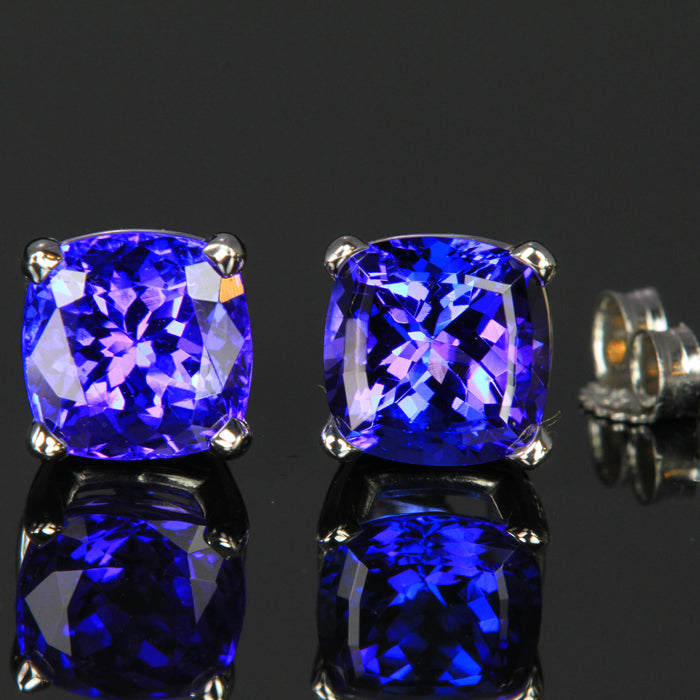 14k White Gold Square Cushion Tanzanite Stud Earrings 4.33 Carats