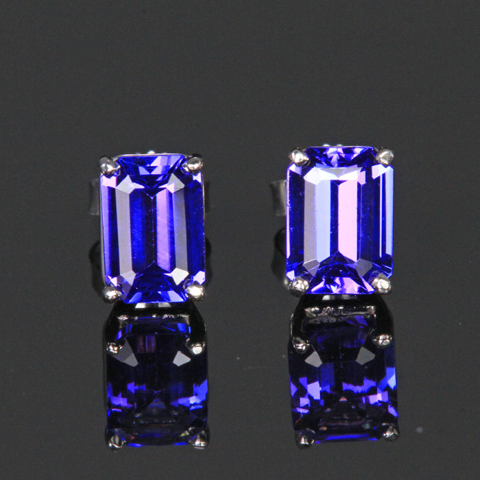 14K White Gold Emerald Cut Tanzanite Stud Earrings 2.10 Carats