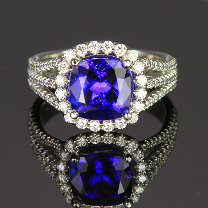 Platinum Square Cushion Tanzanite and Diamond Ring 3.33 Carats